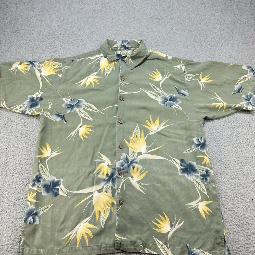 Tommy Bahama Hawaiian Shirt Mens 100% Silk Medium Green Multi Floral Vacation